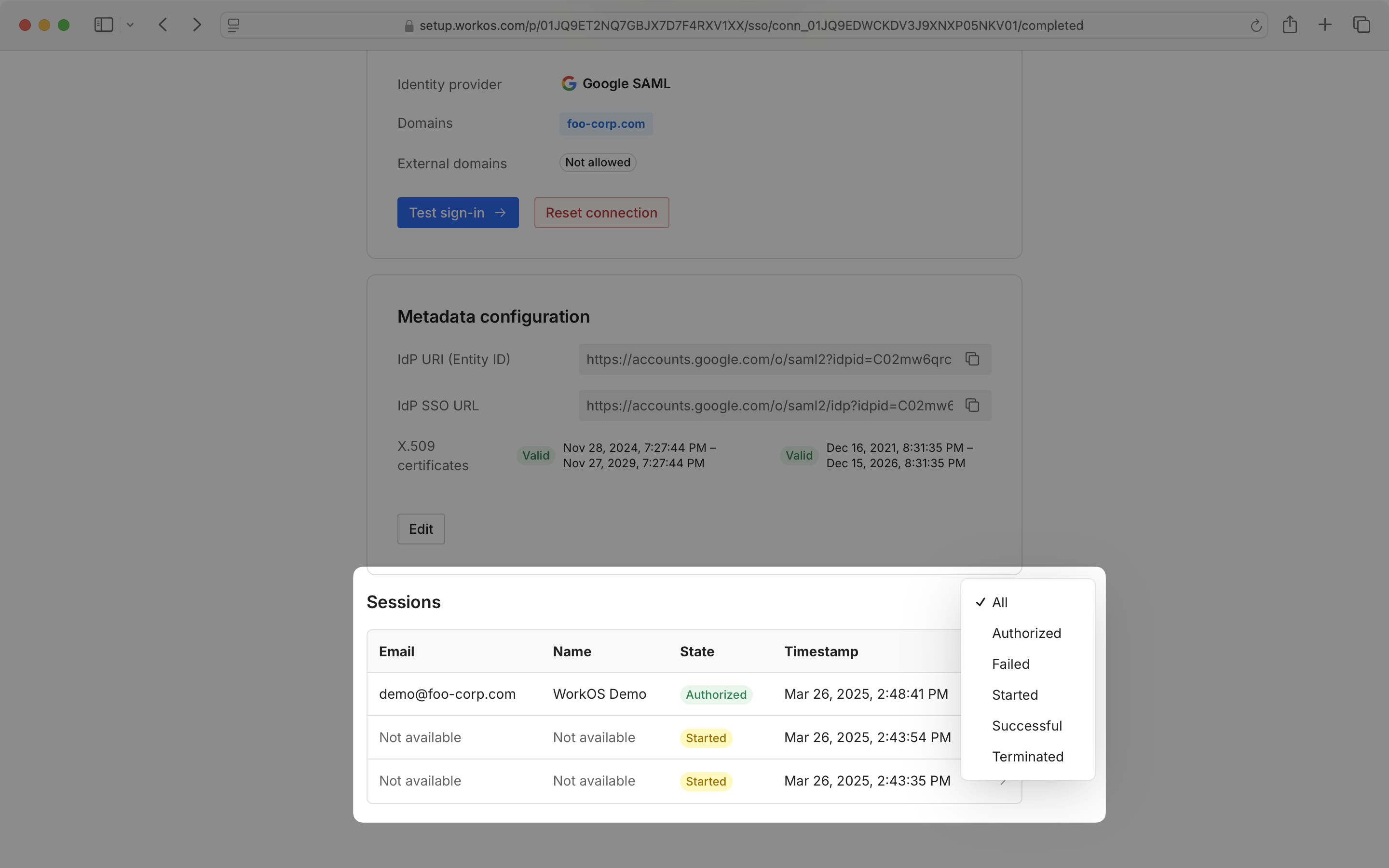 A screenshot showing the Admin Portal SSO screen and how to sort "Sessions" by "state".