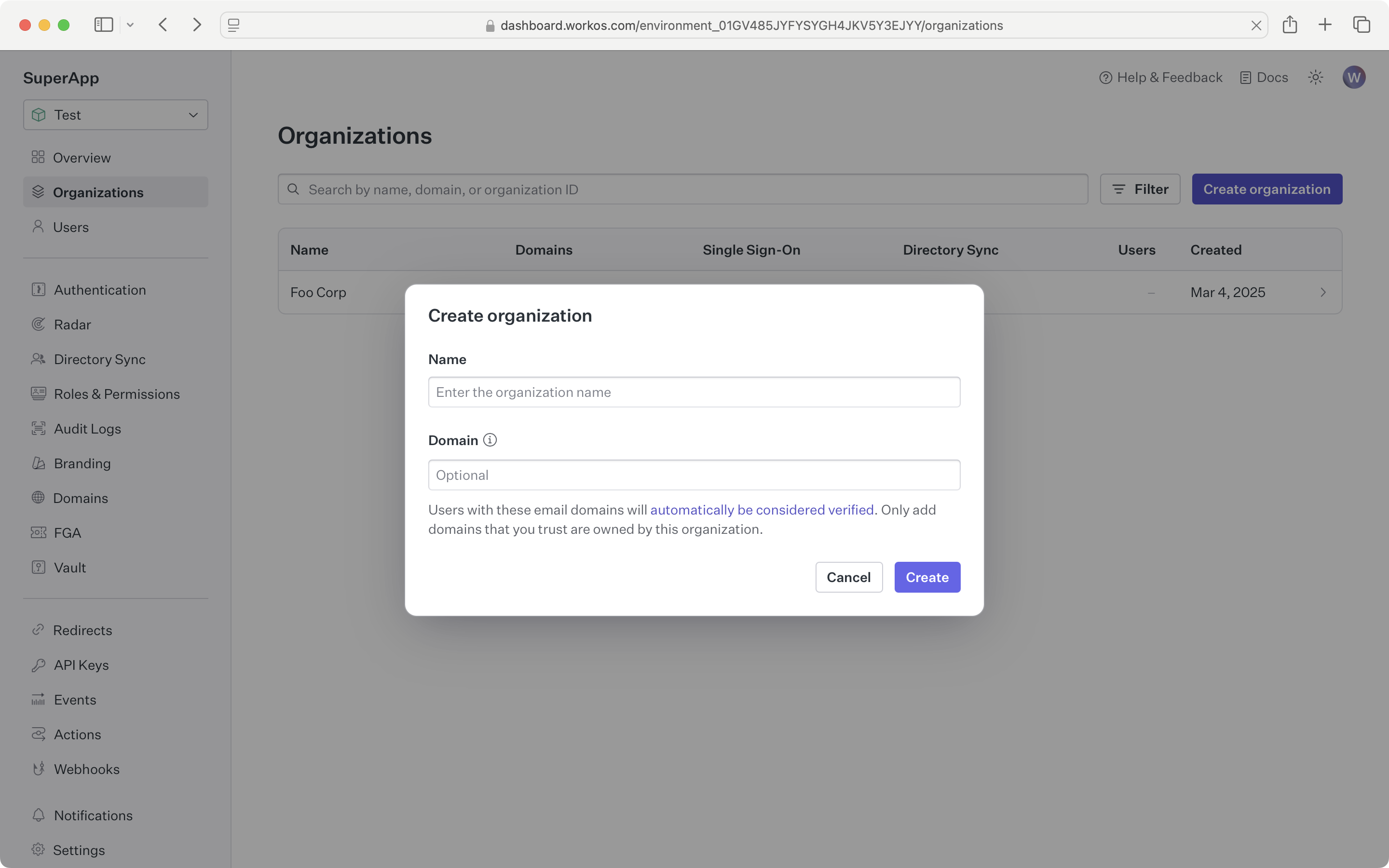 WorkOS Dashboard UI showing organization creation
