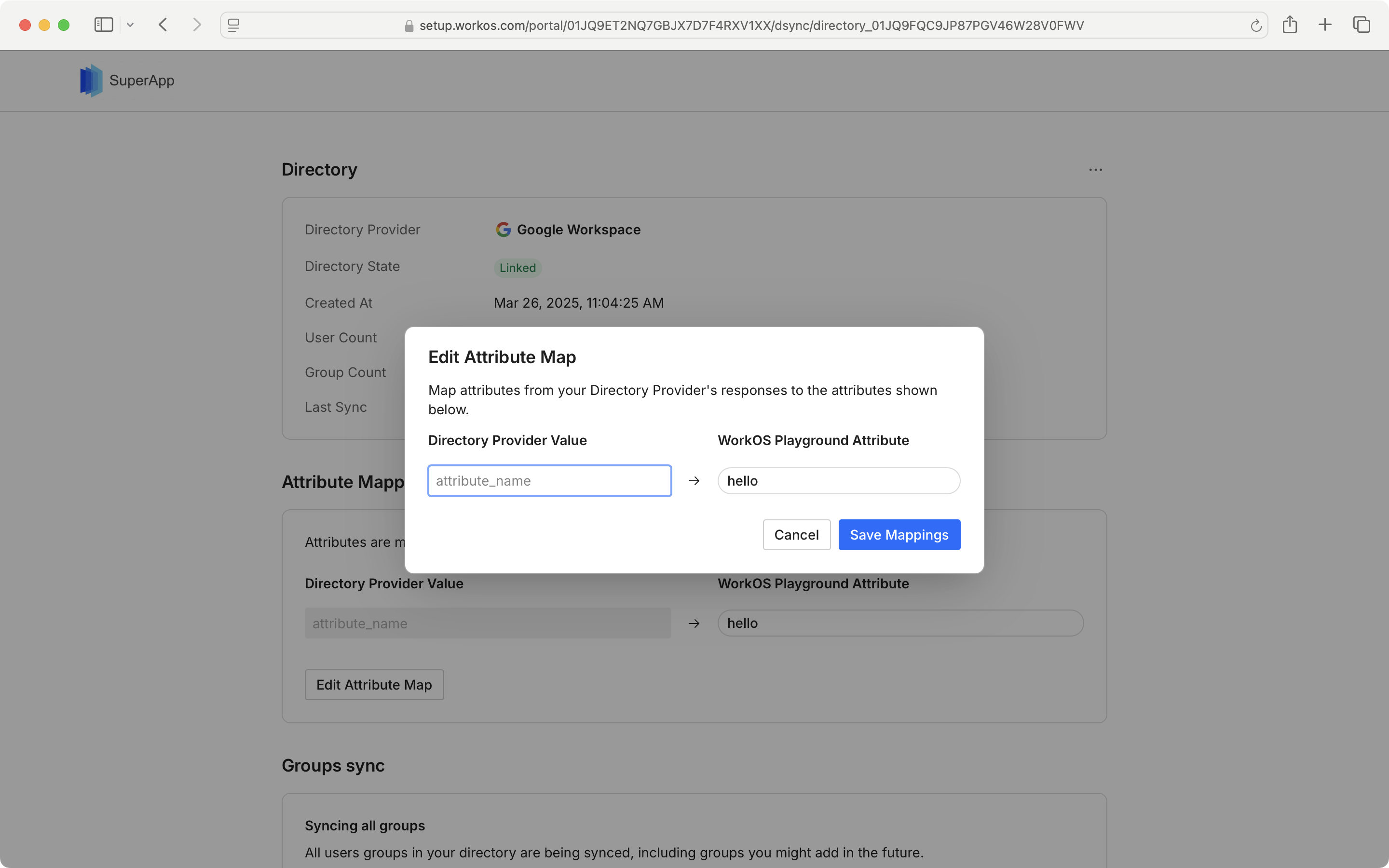 A screenshot showing editing the attribute map in the Admin Portal Directory Sync screen.