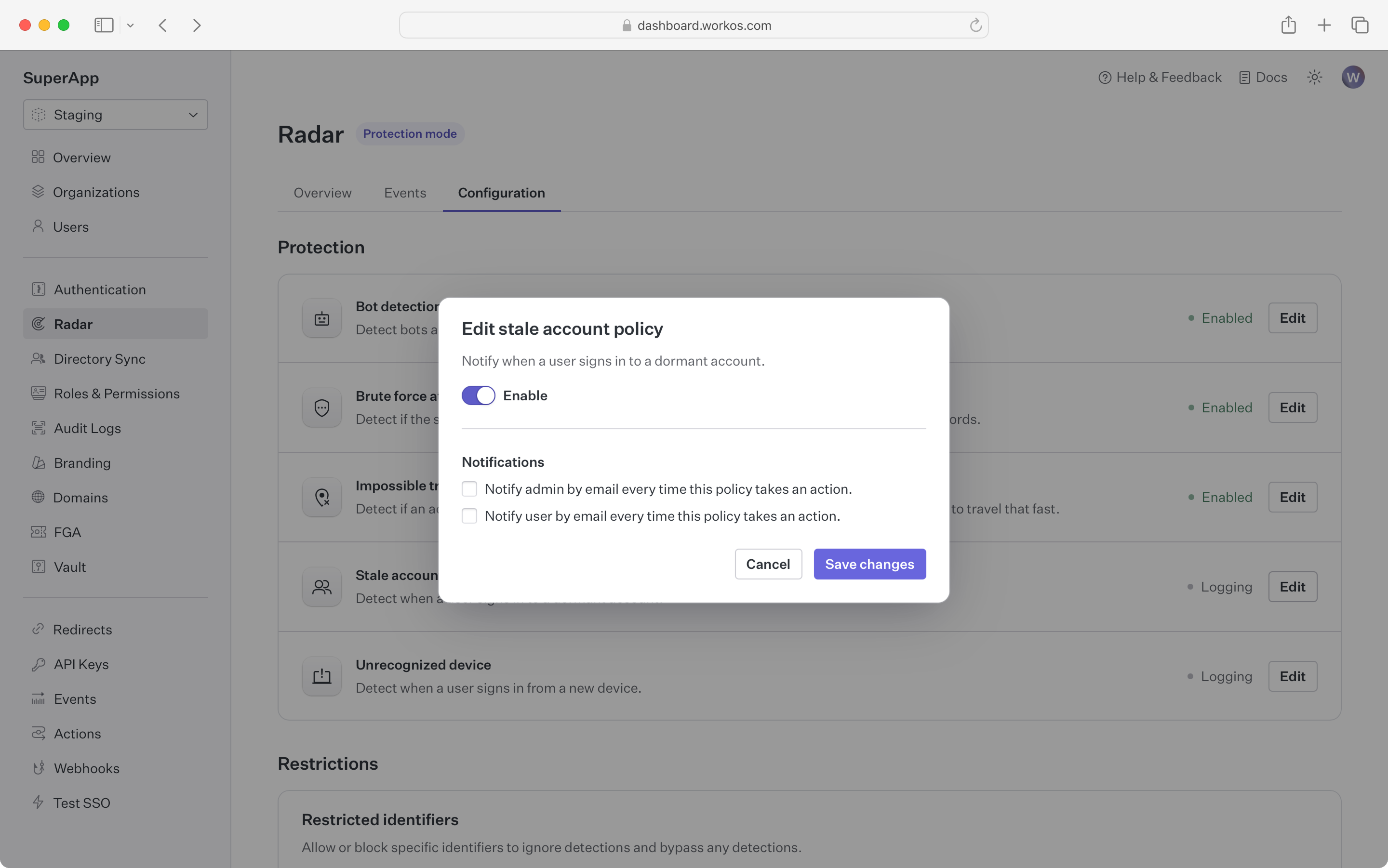 Radar stale account configuration